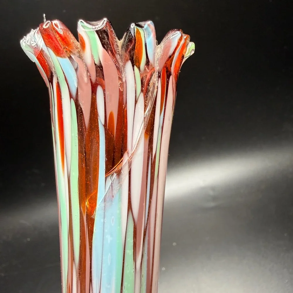 Vintage Art Glass Bud Vase Red Green White Confetti Striped Ruffled Rim 11 inch